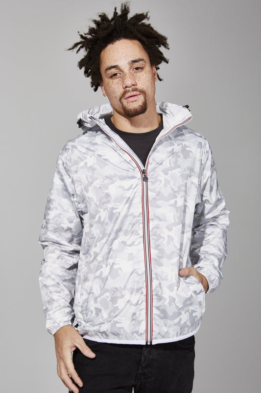 White camo full zip packable rain jacket and windbreaker