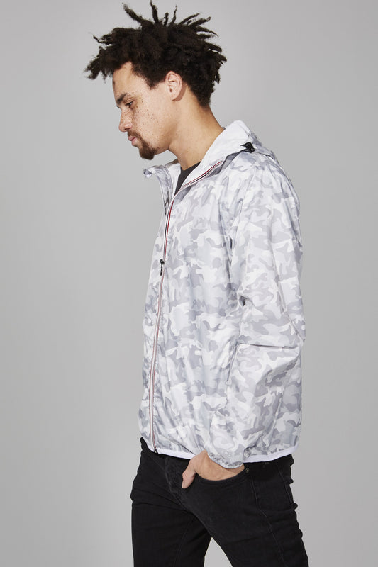 White camo full zip packable rain jacket and windbreaker