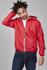 Red full zip packable rain jacket and windbreaker