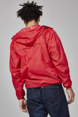 Red full zip packable rain jacket and windbreaker