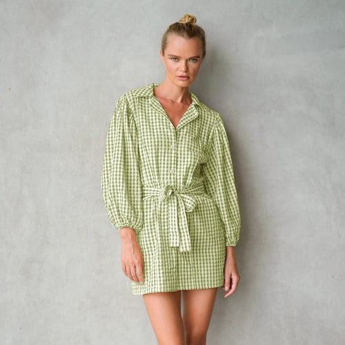 MEGHAN Mini Gingham Dress, in Olive Green