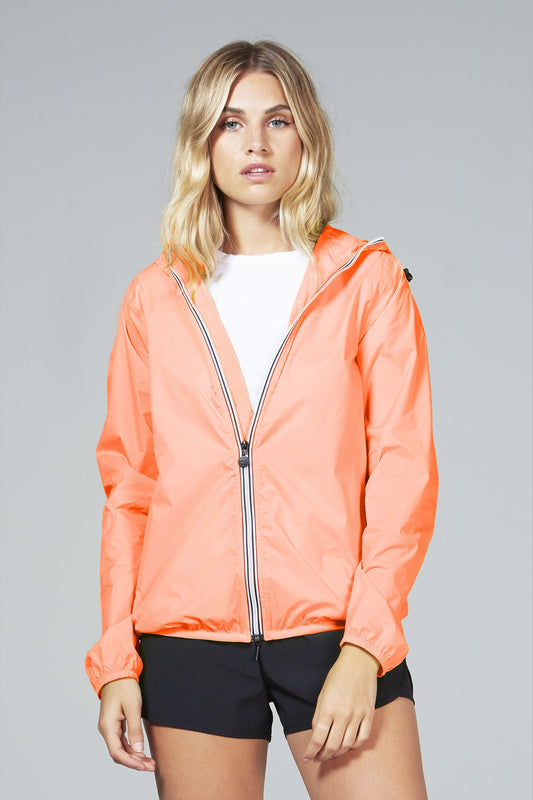 Women's orange fluo full zip packable rain jacket and windbreaker