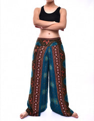 Bohotusk Teal Peacock Print Womens Palazzo Pants S/M (UK 8 - 10)