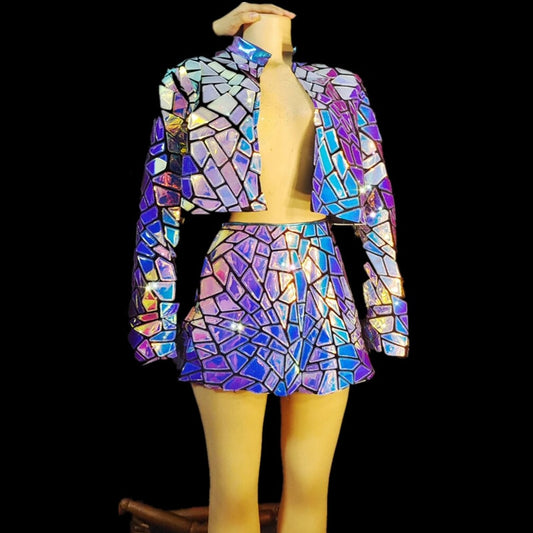 Purple Blue Laser Mirror Sequins Top Short Dress Women Singer Dancer