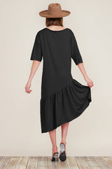 Boat Neck Short Sleeve Asymmetric Ruffle Tiered Hem Casual Loose Dress