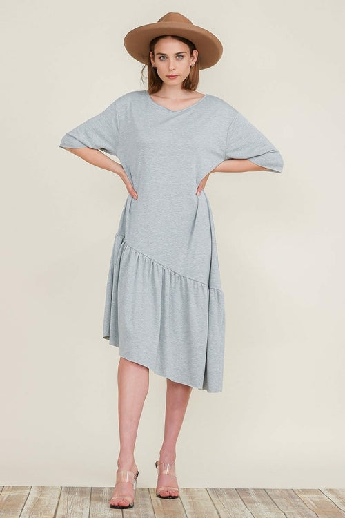 Boat Neck Short Sleeve Asymmetric Ruffle Tiered Hem Casual Loose Dress