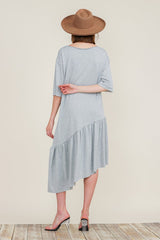 Boat Neck Short Sleeve Asymmetric Ruffle Tiered Hem Casual Loose Dress