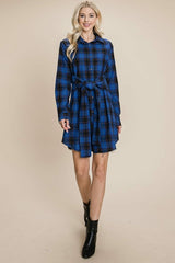 Belted Casual Tunic Cotton Plaid T Shirt Dresses