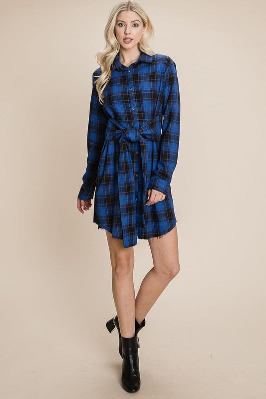 Belted Casual Tunic Cotton Plaid T Shirt Dresses