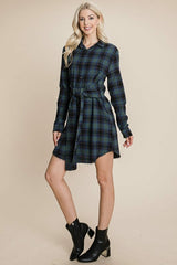 Belted Casual Tunic Cotton Plaid T Shirt Dresses