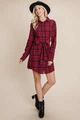 Belted Casual Tunic Cotton Plaid T Shirt Dresses