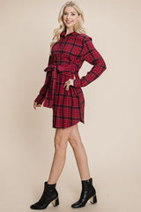 Belted Casual Tunic Cotton Plaid T Shirt Dresses