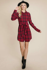 Belted Casual Tunic Cotton Plaid T Shirt Dresses