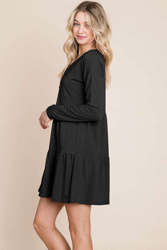 Button Front Long Sleeve Pleated Swing Dresses