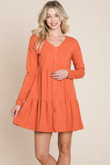 Button Front Long Sleeve Pleated Swing Dresses