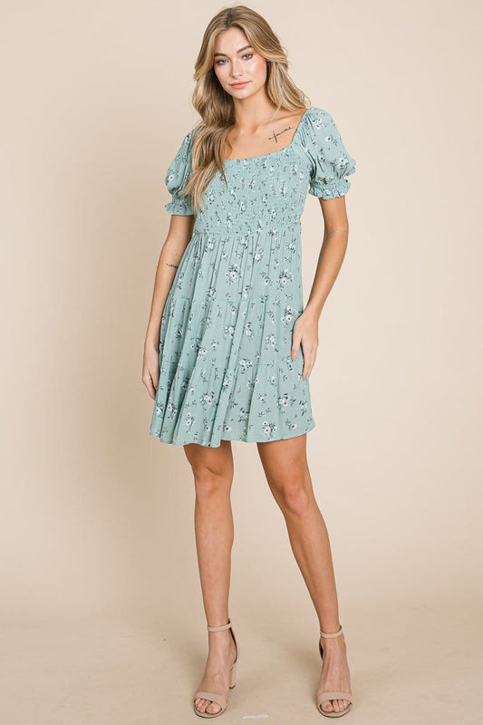 Puff Sleeve Smocked Off the shoulder Tiered Dress