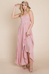 Smocked Flowy Boho Pleated Backless Maxi Dress