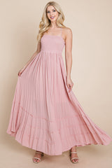 Smocked Flowy Boho Pleated Backless Maxi Dress