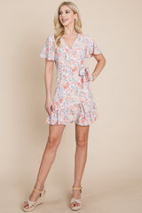 Floral Ruffled Asymmetrical Hem Wrap Dress