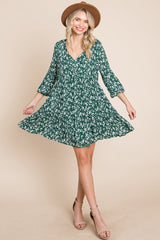 V neck Floral Printed Long Sleeve Pleated Dress