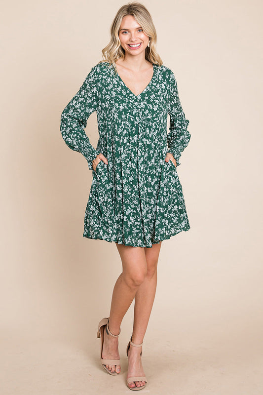 V neck Floral Printed Long Sleeve Pleated Dress