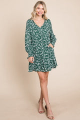 V neck Floral Printed Long Sleeve Pleated Dress