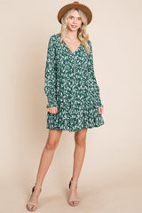 V neck Floral Printed Long Sleeve Pleated Dress