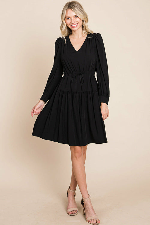 Long Sleeve Tiered Waist String Ruched Dress