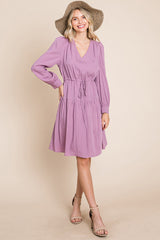 Long Sleeve Tiered Waist String Ruched Dress