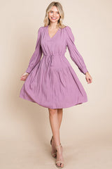 Long Sleeve Tiered Waist String Ruched Dress