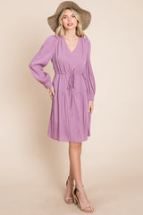 Long Sleeve Tiered Waist String Ruched Dress