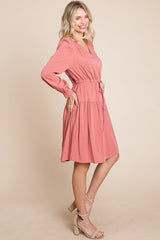 Long Sleeve Tiered Waist String Ruched Dress