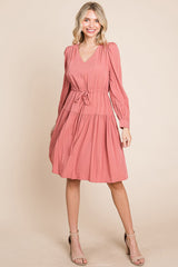 Long Sleeve Tiered Waist String Ruched Dress