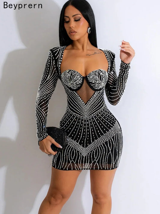 Beyprern Beautiful Black Rhinestone Padded Mini Dress Your Distraction