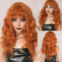 Ginger Curly Synthetic Wigs for Women Long Orange Wigs with Bangs Heat