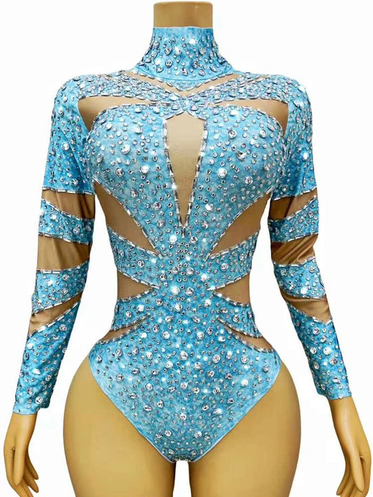 Sexy Elastic Light Blue Women Bodysuit Party Club long Sleeves