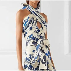 Elegant Women's Printed Vestidos Sleeveless Neck-mounted Female Formal