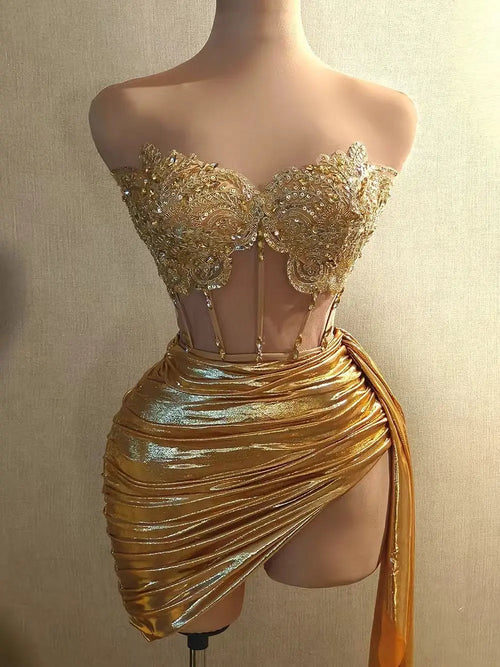 Sparkly Gold Rhinestones Short Dress for Women Sexy Mesh See Through