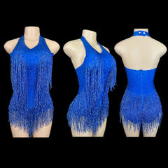 Sparkly Rhinestones Fringe Bodysuit WomenVightclub Party Dance Costume