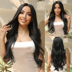 Black Long Wavy Synthetic Wigs Middle Part Natural Wave Wig Heat