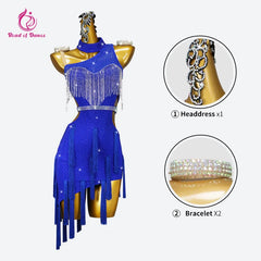 Blue Latin Dance Dress Women Practice Clothing Dancewear Sexy Skirt