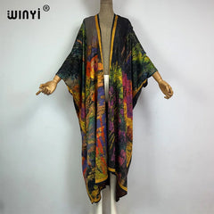 WINYI High-grade double-sided Bohemian Printed silk dress coat Beach