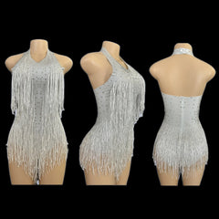 Sparkly Rhinestones Fringe Bodysuit WomenVightclub Party Dance Costume