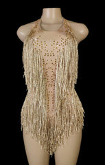 Sparkly Crystals Fringe Bodysuit Women Nightclub Party Outfit Dance