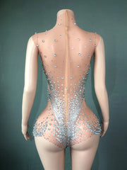 Sparkly Rhinestones Sexy See Through Mesh Women Jumpsuit Evening Party