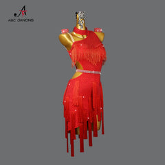 New Red Latin Dance Suit Competition Tassel Clothing Ballroom Practice