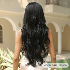 Black Long Wavy Synthetic Wigs Middle Part Natural Wave Wig Heat