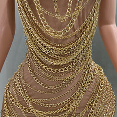 Gold Luxury Chains Khaki Sexy See-Through Sheath Mini Dress Evening