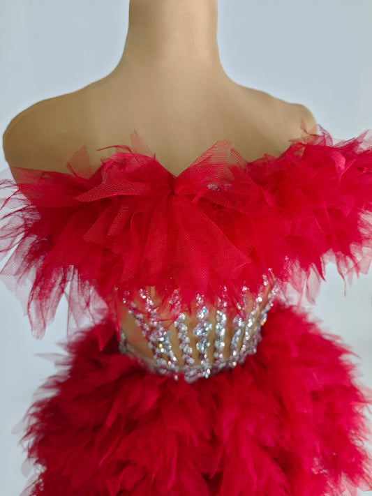 Red Sparkly Performance Women 2 Pcs Set Costume Carnival Rave Festival