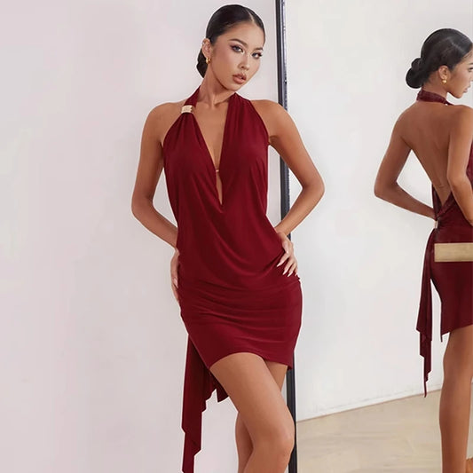 ZYM Latin Dance Dress Women Sexy Backless Halter Dress Black Burgundy